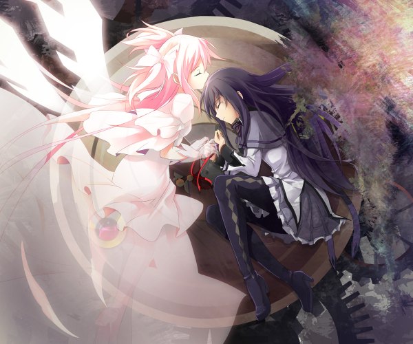 Anime picture 1200x1000 with mahou shoujo madoka magica shaft (studio) akemi homura kaname madoka goddess madoka long hair black hair twintails multiple girls pink hair eyes closed holding hands short twintails girl dress gloves bow 2 girls pantyhose wings