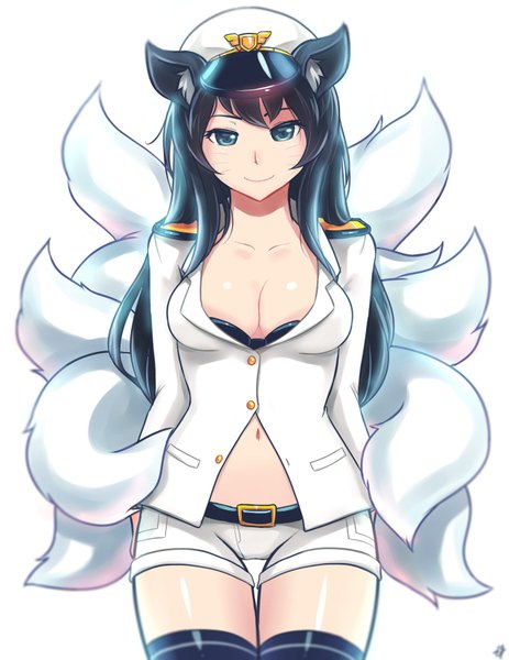 イラスト 1275x1650 と league of legends ahri (league of legends) sieyarelow ソロ 長髪 長身像 カメラ目線 前髪 おっぱい light erotic 黒髪 笑顔 獣耳 尻尾 animal tail aqua eyes 狐耳 facial mark 狐尻尾 狐っ娘