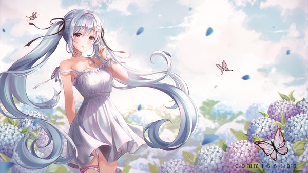 Anime picture 5760x3240 with original pippin sol single looking at viewer blush fringe highres open mouth hair between eyes wide image standing purple eyes twintails payot absurdres sky silver hair cloud (clouds) ahoge outdoors