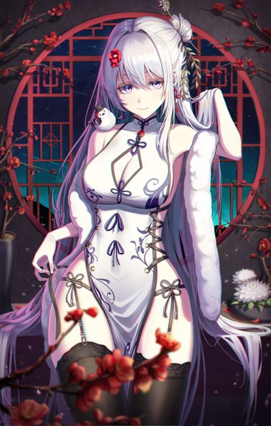 Anime picture 1500x2359 with original fall (aki) single long hair tall image fringe breasts light erotic hair between eyes large breasts standing purple eyes bare shoulders looking away cleavage silver hair traditional clothes arm up hair flower blurry