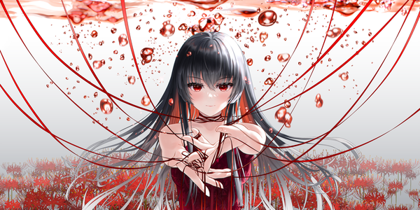 Anime picture 6000x3000 with original liht single long hair looking at viewer fringe highres black hair hair between eyes red eyes wide image bare shoulders absurdres upper body multicolored hair two-tone hair floating hair outstretched arm colored inner hair underwater