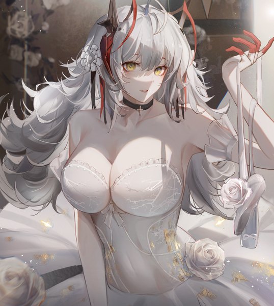 Anime picture 2782x3100 with arknights w (arknights) nininisama single long hair tall image looking at viewer fringe highres breasts light erotic hair between eyes large breasts yellow eyes cleavage silver hair ahoge parted lips arm up horn (horns)