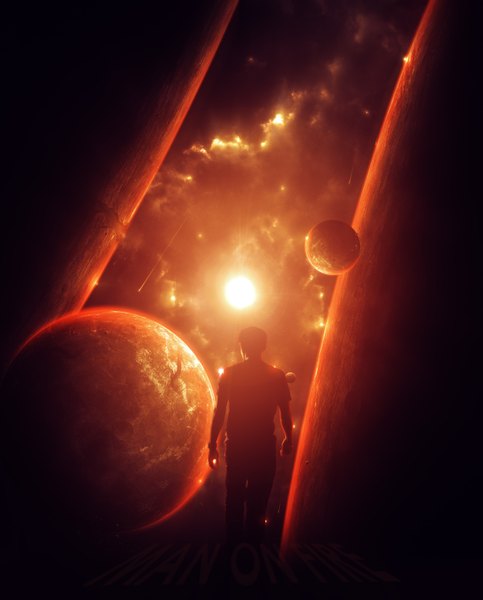Anime picture 2500x3100 with original abikk tall image highres inscription light silhouette shooting star boy star (stars) sun planet