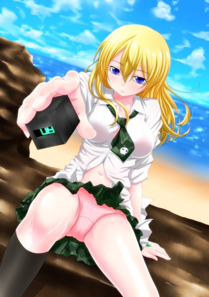 Anime picture 844x1200 with btooom! madhouse himiko (btooom!) watarui single long hair tall image fringe breasts blue eyes light erotic blonde hair large breasts sky cloud (clouds) outstretched arm girl skirt navel underwear