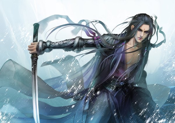 Anime picture 1240x877 with original heise (artist) single long hair black hair realistic blue background boy weapon sword splashes