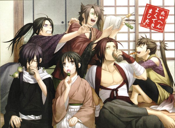 Anime picture 3853x2842 with hakuouki shinsengumi kitan studio deen saito hajime okita souji (hakuouki) chizuru yukimura hijikata toshizou (hakuouki) sanosuke harada toudou heisuke long hair highres black hair smile brown hair purple eyes brown eyes green eyes yellow eyes absurdres ponytail eyes closed