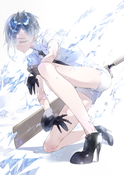 Anime picture 1505x2125 with houseki no kuni antarcticite tonito single tall image looking at viewer fringe short hair white background silver hair full body hair over one eye high heels puffy sleeves silver eyes sheathed androgynous gloves uniform weapon