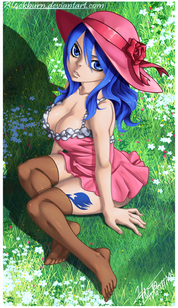 Anime picture 639x1100 with fairy tail juvia lockser bl4ckburn single long hair tall image breasts blue eyes light erotic blue hair from above tattoo coloring framed girl thighhighs dress flower (flowers) plant (plants) hat