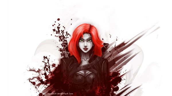 Anime picture 1600x900 with league of legends katarina (league of legends) semlimit single long hair looking at viewer highres breasts wide image white background green eyes red hair lips open clothes open jacket lipstick scar pale skin blood stains girl