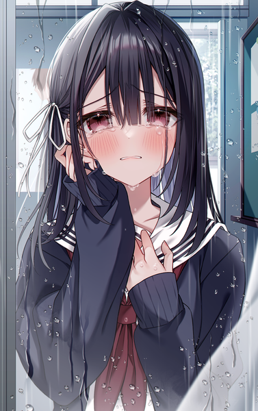 Anime picture 2967x4724 with original kuro namako single long hair tall image looking at viewer blush fringe highres black hair hair between eyes brown eyes upper body long sleeves parted lips tears sleeves past wrists rain crying hand on face