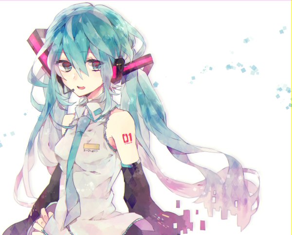 Anime picture 2439x1966 with vocaloid hatsune miku amane jiu single long hair highres open mouth simple background white background twintails bare shoulders looking away aqua eyes aqua hair hand on hip girl detached sleeves headphones