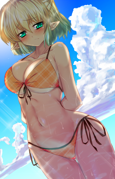 Anime picture 744x1156 with touhou mizuhashi parsee sousakubito single tall image blush fringe short hair breasts blue eyes light erotic blonde hair hair between eyes large breasts sky cloud (clouds) pointy ears pantyshot underboob hands behind back