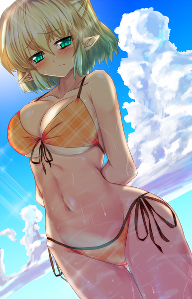 Аниме картинка 744x1156 с touhou mizuhashi parsee sousakubito один (одна) высокое изображение румянец чёлка короткие волосы грудь голубые глаза лёгкая эротика светлые волосы волосы между глазами большая грудь небо облако (облака) острые уши панцушот грудь снизу руки за спиной