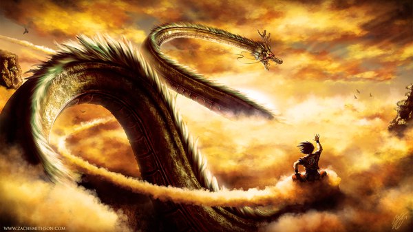 Anime picture 1920x1080 with dragon ball dragon ball z son goku shenlong (dragon ball) zach smithson highres short hair black hair wide image sitting sky cloud (clouds) horn (horns) from behind sunlight fang (fangs) hieroglyph mountain flying fantasy