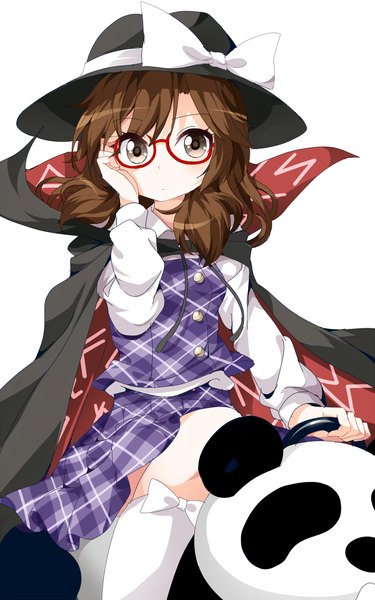 Anime picture 700x1120 with touhou usami sumireko ruu (tksymkw) single long hair tall image looking at viewer black hair simple background brown hair white background sitting adjusting glasses girl skirt hat socks glasses white socks cape