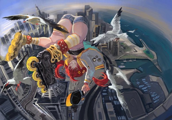 Anime picture 1600x1118 with original jiangweizh12345 single long hair light erotic red eyes twintails holding sky full body bent knee (knees) ass outdoors red hair from above open jacket city cityscape upside down river