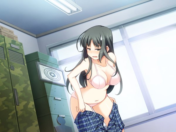 Anime picture 1024x768 with sekisaba! (game) long hair blush blue eyes light erotic black hair game cg girl underwear panties