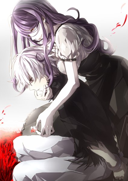 Anime picture 723x1023 with tokyo ghoul studio pierrot kaneki ken kamishiro rize daenarys long hair tall image fringe short hair breasts smile white background holding silver hair purple hair white hair profile orange eyes torn clothes hands behind back
