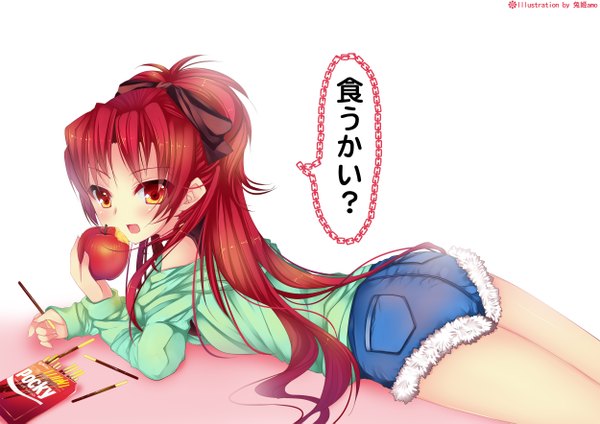 Anime picture 2500x1767 with mahou shoujo madoka magica shaft (studio) sakura kyouko usagihime long hair highres open mouth red eyes red hair girl shorts sweets apple pocky