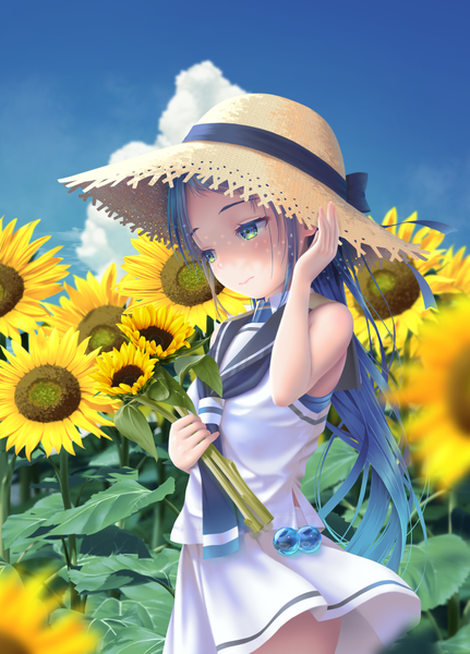 Anime picture 1151x1600 with kantai collection samidare destroyer hane yoshiyumi single long hair tall image green eyes blue hair looking away sky cloud (clouds) outdoors wind sleeveless shaded face summer adjusting hat wind lift girl uniform