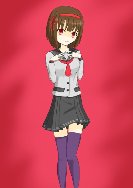 Anime picture 2508x3541 with princess connect! kuraishi eriko uro (artist) single tall image fringe highres short hair breasts open mouth simple background red eyes brown hair standing blunt bangs long sleeves thigh gap hand on chest red background girl