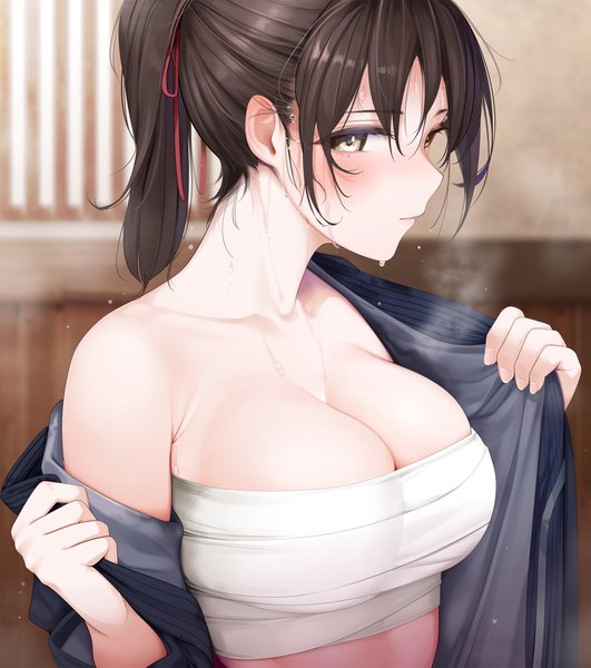 Anime picture 1104x1248 with original giba (out-low) single tall image looking at viewer blush fringe short hair breasts light erotic hair between eyes brown hair large breasts yellow eyes payot upper body ponytail indoors off shoulder sweat