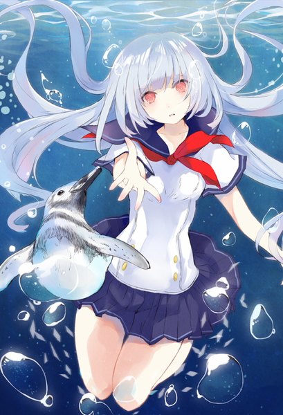 Anime picture 652x956 with original mikan no shiru single long hair tall image looking at viewer fringe red eyes payot silver hair bent knee (knees) head tilt pleated skirt floating hair underwater outstretched hand girl skirt uniform animal