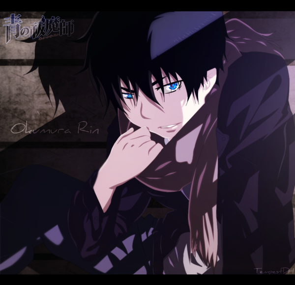 Anime picture 1059x1024 with ao no exorcist a-1 pictures okumura rin tempestdh single looking at viewer short hair blue eyes black hair inscription shadow coloring boy scarf