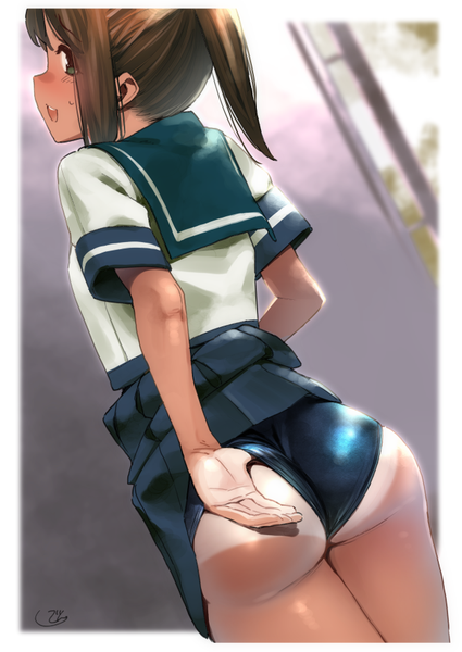 Anime picture 627x885 with kantai collection i-401 aircraft carrying submarine shiden (sashimi no wife) single long hair tall image looking at viewer blush fringe open mouth light erotic hair between eyes brown hair green eyes signed payot outdoors ass ponytail profile