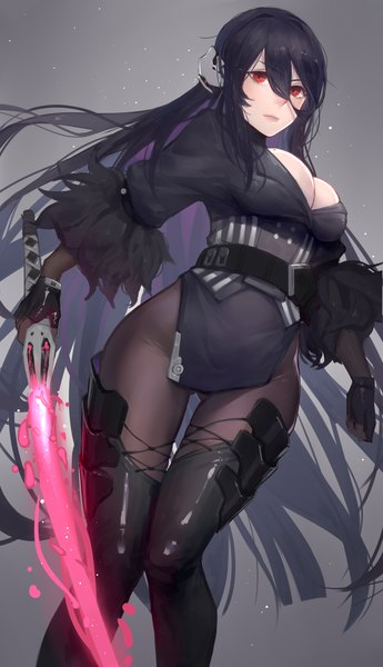 Anime picture 2700x4695 with iron saga oboro (iron saga) fukaiji single tall image fringe highres breasts light erotic black hair simple background hair between eyes red eyes large breasts looking away cleavage very long hair grey background ass visible through thighs girl