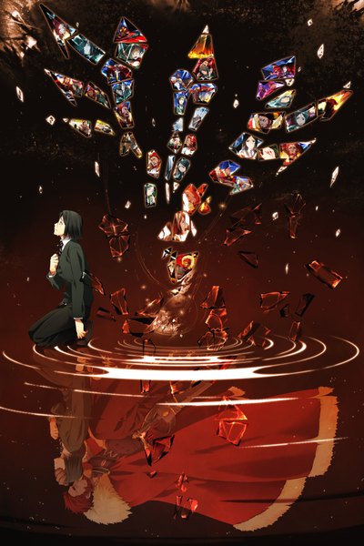Anime picture 1500x2250 with fate (series) fate/zero type-moon rider (fate/zero) waver velvet tall image short hair smile red hair green hair tears looking up crying sad bob cut broken different reflection boy uniform weapon