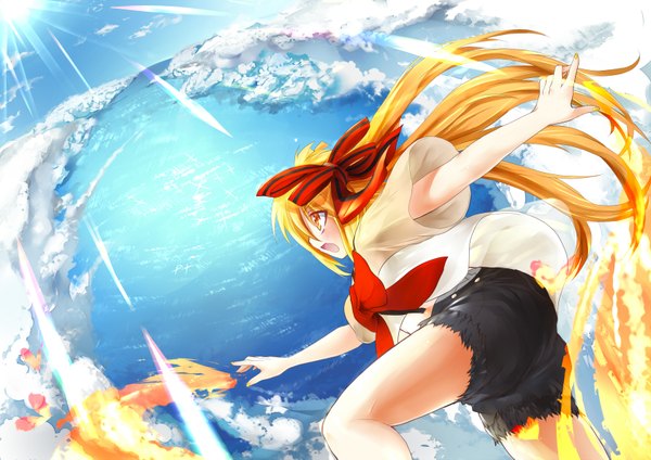 Anime picture 1680x1189 with project diva vocaloid akita neru tadano magu single long hair open mouth blonde hair yellow eyes sky cloud (clouds) orange eyes girl bow hair bow shorts fire