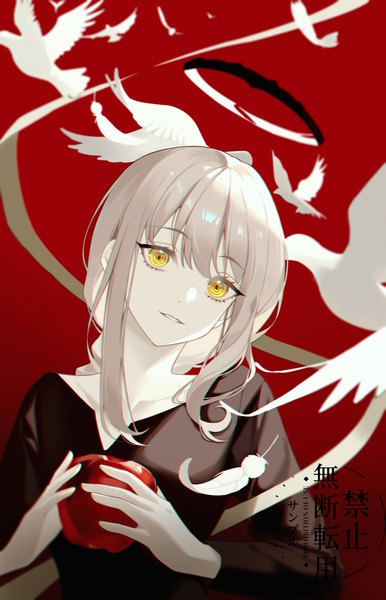Anime picture 3307x5146 with chainsaw man mappa makima (chainsaw man) zoe (user nfrc5473) single long hair tall image fringe highres holding yellow eyes looking away absurdres silver hair upper body head tilt red background girl animal bird (birds)