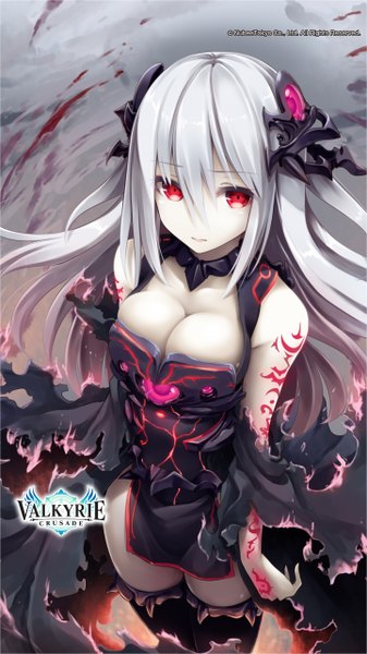 Anime-Bild 1440x2560 mit shinkai no valkyrie calamity akkijin single long hair tall image looking at viewer fringe light erotic red eyes standing pink hair white hair multicolored hair from above two-tone hair tattoo gradient hair girl dress