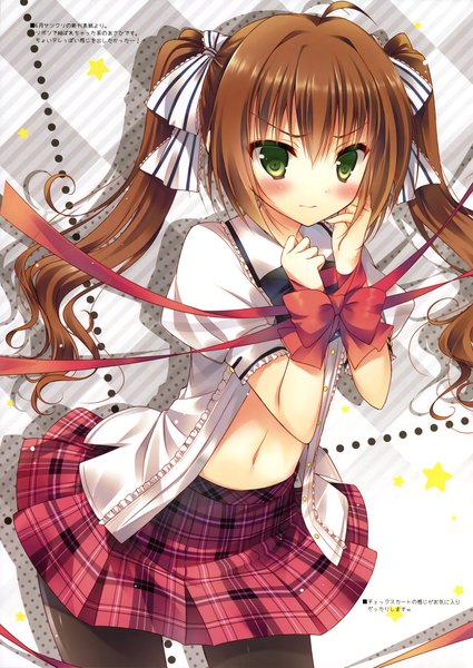 Anime picture 2479x3500 with hisama kumako single long hair tall image blush highres brown hair twintails green eyes scan official art girl skirt navel bow ribbon (ribbons) hair bow pantyhose