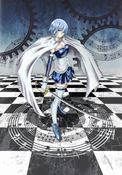 Anime picture 1500x2141 with mahou shoujo madoka magica shaft (studio) miki sayaka testa421 tall image fringe short hair blue eyes blue hair hair over one eye checkered floor girl thighhighs weapon detached sleeves sword cloak musical note gears