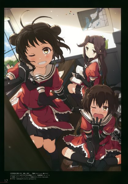 Anime picture 2439x3500 with kantai collection milky been! (ogipote) - cue (artbook) sendai light cruiser naka light cruiser jintsuu light cruiser ogipote long hair tall image looking at viewer fringe highres short hair open mouth smile brown hair sitting multiple girls holding brown eyes ahoge