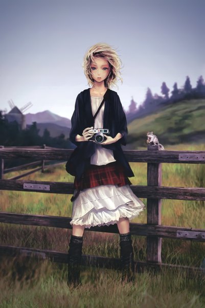 Anime picture 3567x5338 with original redjuice single tall image looking at viewer highres short hair blonde hair standing absurdres sky wind scan grey eyes mountain landscape nature girl skirt plant (plants)