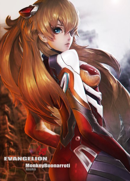 Anime picture 1590x2212 with neon genesis evangelion gainax soryu asuka langley monkey (weibo) single long hair tall image looking at viewer highres breasts blue eyes brown hair signed ass looking back orange hair character names girl hair ornament bodysuit