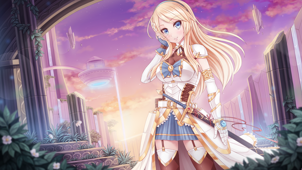 Anime picture 3840x2160 with crystalline leanna dawn sunimu single long hair looking at viewer blush fringe highres breasts blue eyes blonde hair smile wide image absurdres sky cloud (clouds) outdoors sheathed waterfall