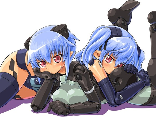 Anime picture 1024x768 with busou shinki strarf valona dd (ijigendd) short hair light erotic red eyes twintails multiple girls blue hair lying pointy ears doll joints girl 2 girls