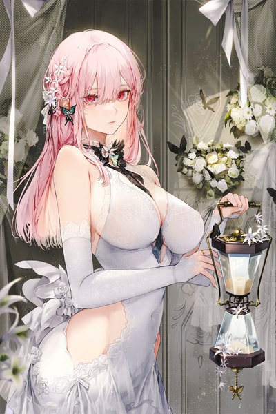 Anime-Bild 800x1200 mit original kim eb single long hair tall image looking at viewer fringe breasts light erotic hair between eyes red eyes large breasts standing bare shoulders holding signed payot pink hair indoors braid (braids)