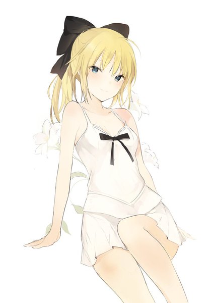 Anime picture 700x997 with fate (series) fate/stay night fate/unlimited codes artoria pendragon (all) saber saber lily lpip single tall image looking at viewer blush short hair blue eyes simple background blonde hair white background bent knee (knees) light smile girl dress