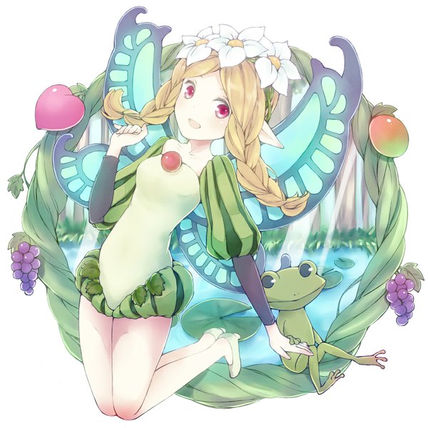 Anime picture 1000x1000 with odin sphere vanillaware mercedes (odin sphere) ingway (odin sphere) aquariumtama long hair looking at viewer blush open mouth simple background blonde hair smile red eyes white background braid (braids) hair flower pointy ears twin braids happy insect wings