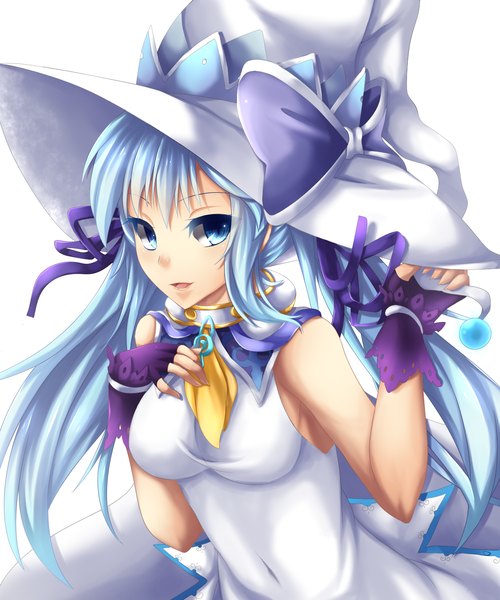 Anime picture 1300x1560 with vocaloid suki! yuki! maji magic (vocaloid) hatsune miku yuki miku yuki miku (2014) fi-san single long hair tall image looking at viewer blue eyes simple background white background blue hair girl dress gloves bow fingerless gloves witch hat
