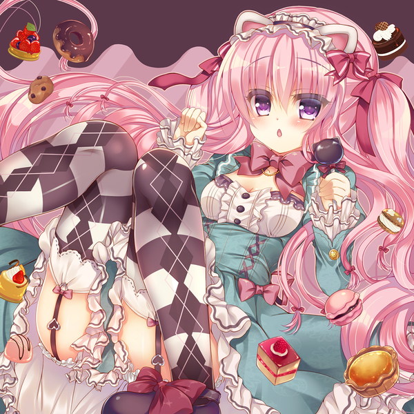 Anime picture 1200x1200 with original suzunone rena single blush open mouth light erotic purple eyes animal ears pink hair very long hair lolita fashion rhombus girl thighhighs dress bow hair bow food frills sweets