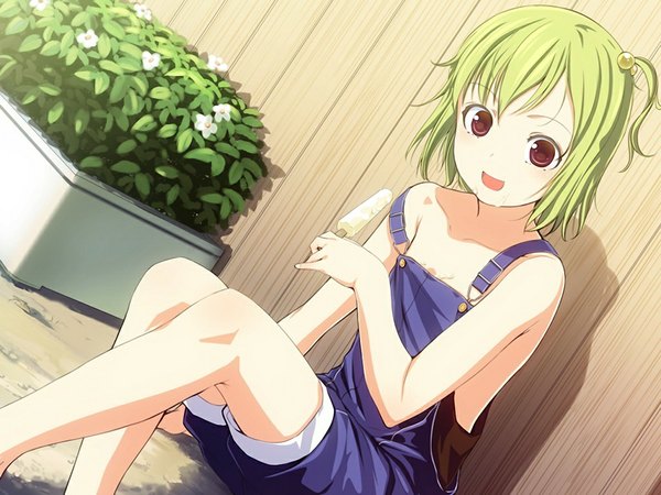 Anime picture 1024x768 with baldr sky divex short hair red eyes game cg green hair loli girl food sweets ice cream