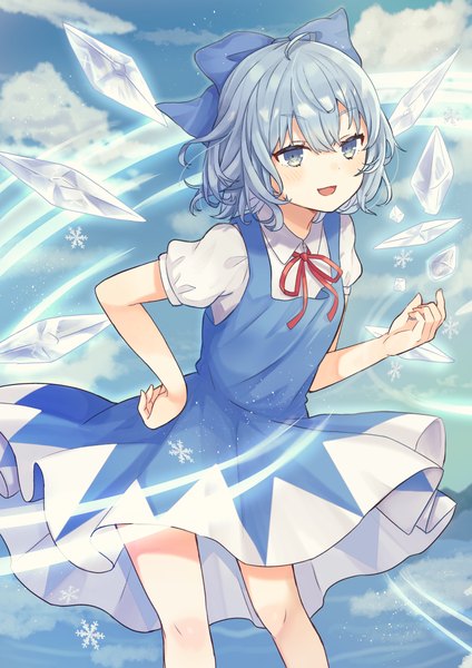 Anime picture 1736x2456 with touhou cirno nokoki (motioko5) single tall image looking at viewer blush fringe highres short hair open mouth blue eyes smile hair between eyes standing blue hair sky cloud (clouds) ahoge :d