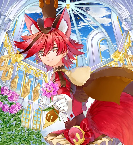 Anime picture 1961x2147 with precure kirakira precure a la mode toei animation kenjou akira cure chocolat yuutarou (fukiiincho) single tall image looking at viewer fringe highres short hair hair between eyes red eyes holding animal ears sky cloud (clouds) red hair tail