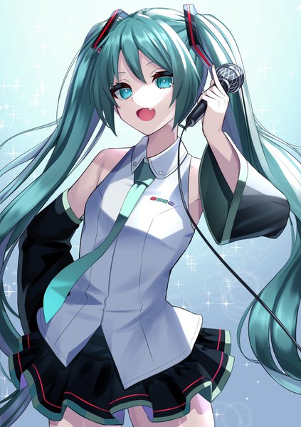 Anime picture 595x842 with vocaloid hatsune miku tasuku (user fkzv3343) single tall image fringe open mouth hair between eyes twintails very long hair :d aqua eyes aqua hair sparkle fang (fangs) hand on hip girl skirt detached sleeves miniskirt
